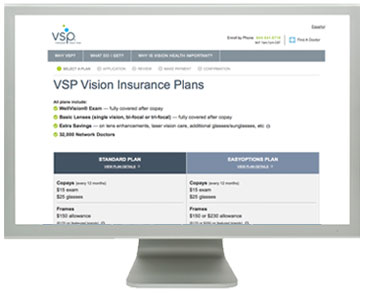 TV monitor showing VSP Vision Insurance Plans web page